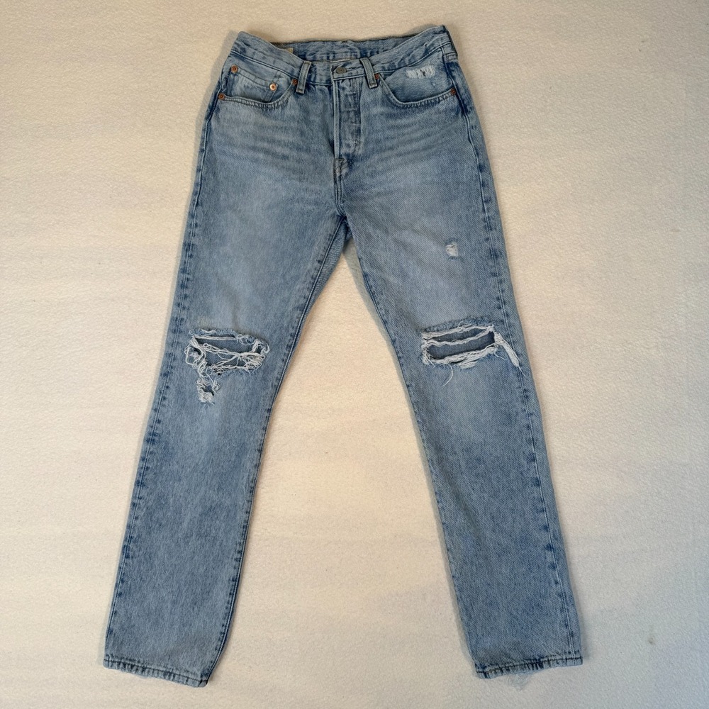 Levi Womens 501 Original Light Wash Blue Distressed Straight Leg Jeans W27 L30